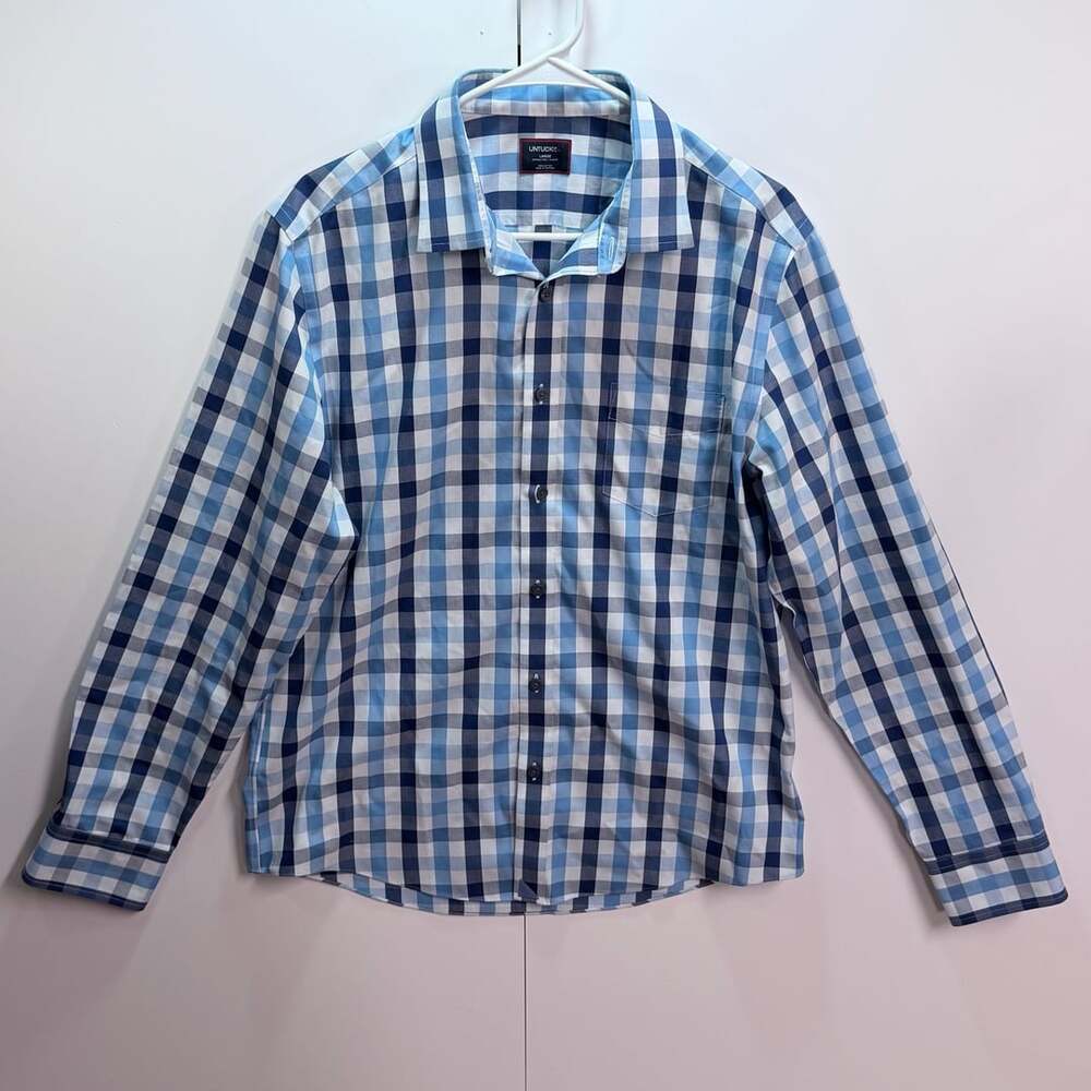 Untuckit Hudson Navy Slim Fit Long Sleeve Plaid Shirt Size Large